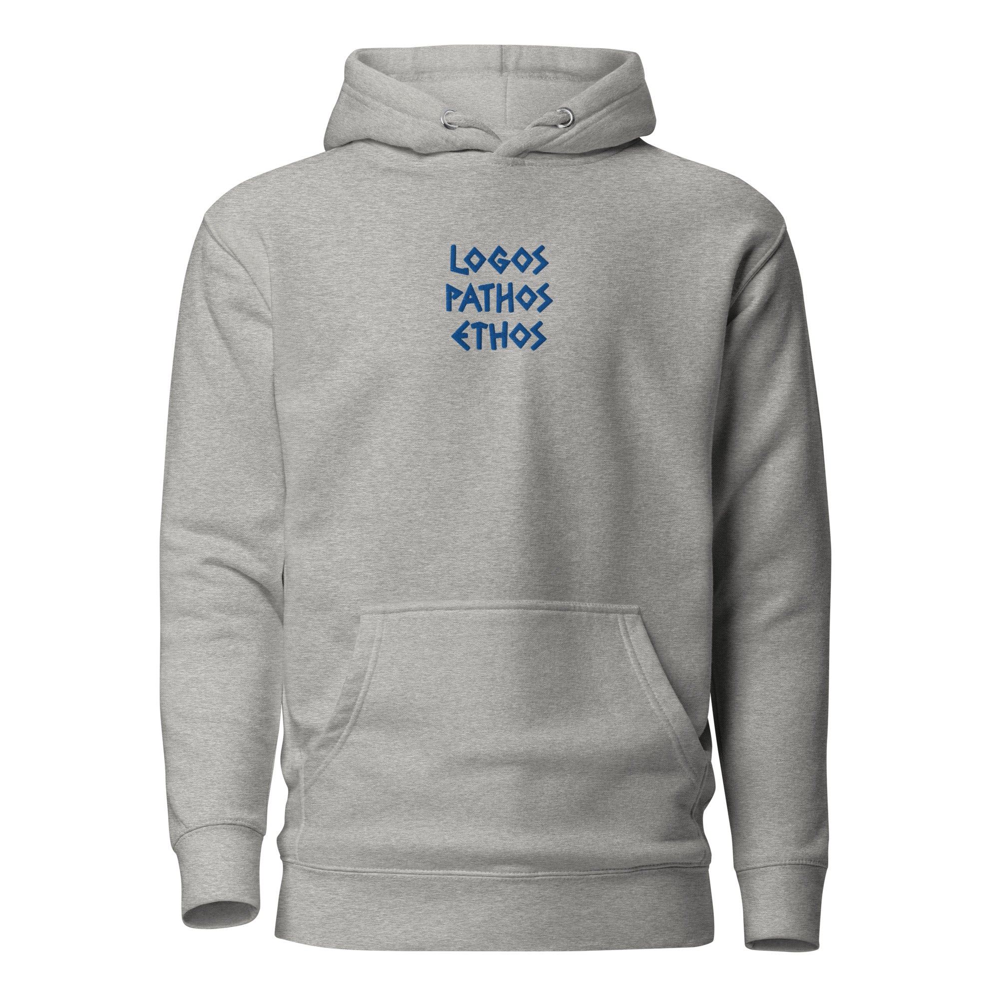 Logos Pathos Ethos - Embroidered - Premium Hoodie - Carbon Grey - The Philosopher's Shirt
