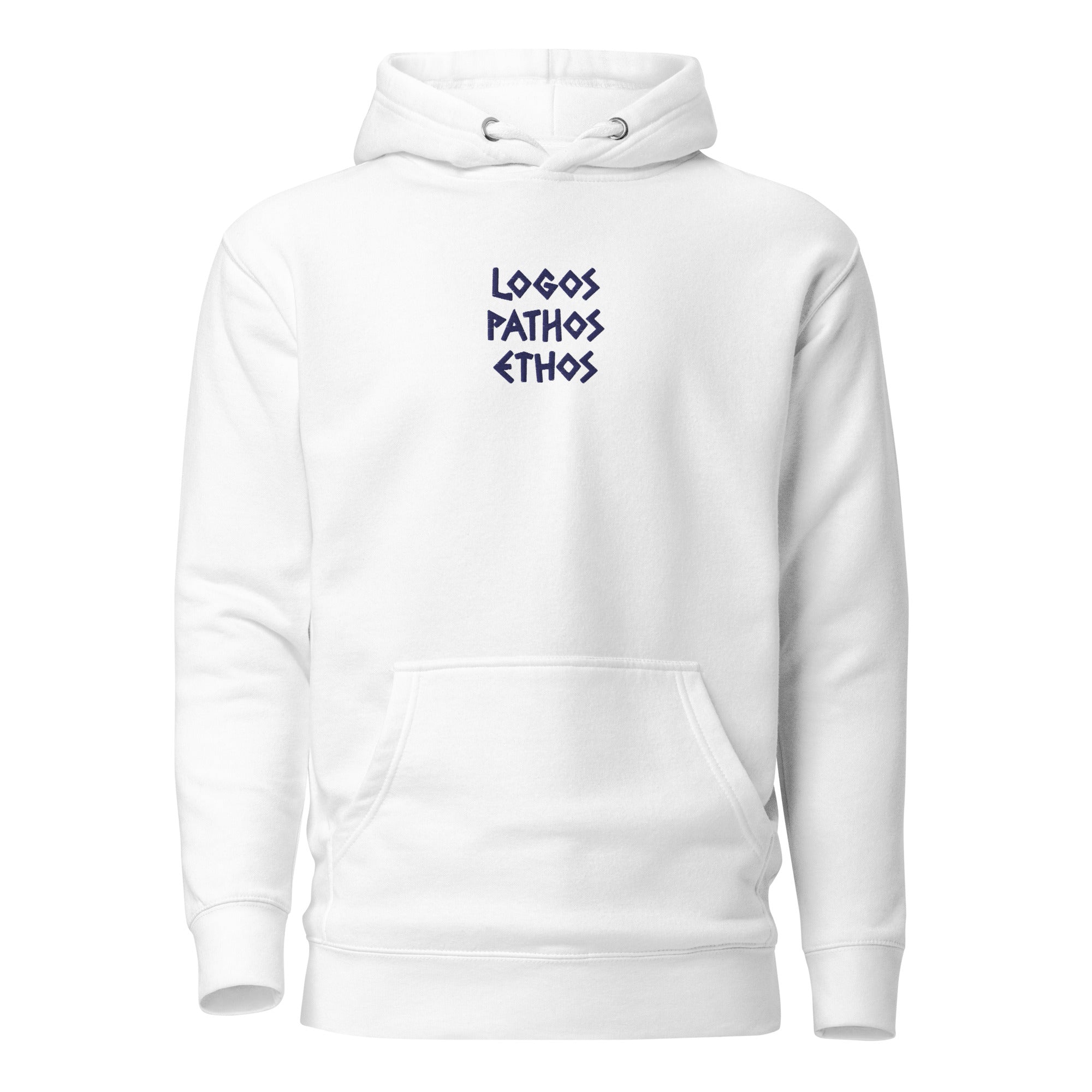 Logos Pathos Ethos - Embroidered - Premium Hoodie - White - The Philosopher's Shirt