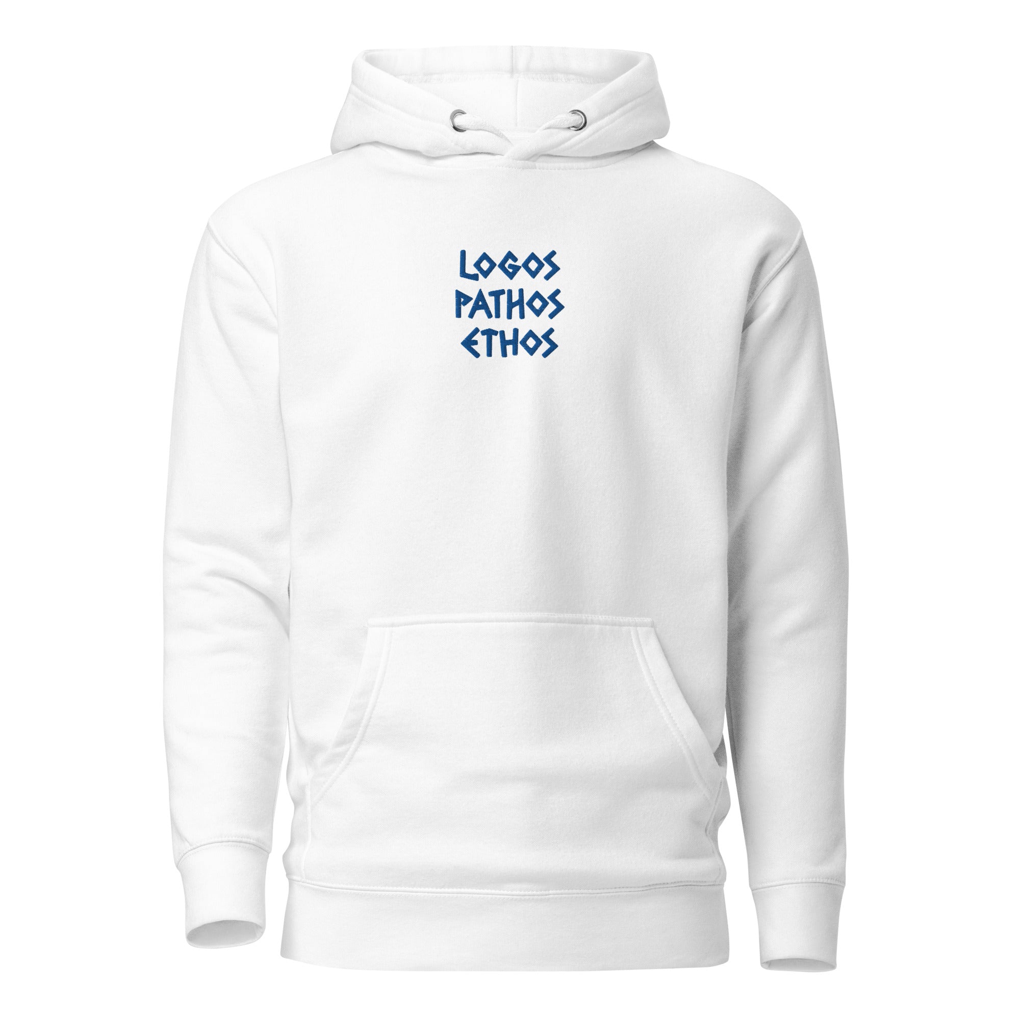 Logos Pathos Ethos - Embroidered - Premium Hoodie - White - The Philosopher's Shirt