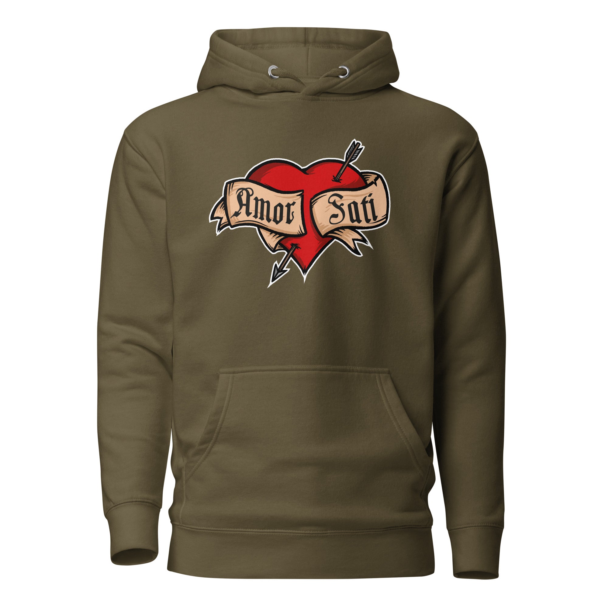 Nietzsche Fatalism Amor Fati Tattoo Heart - Premium Hoodie - Military Green - The Philosopher's Shirt