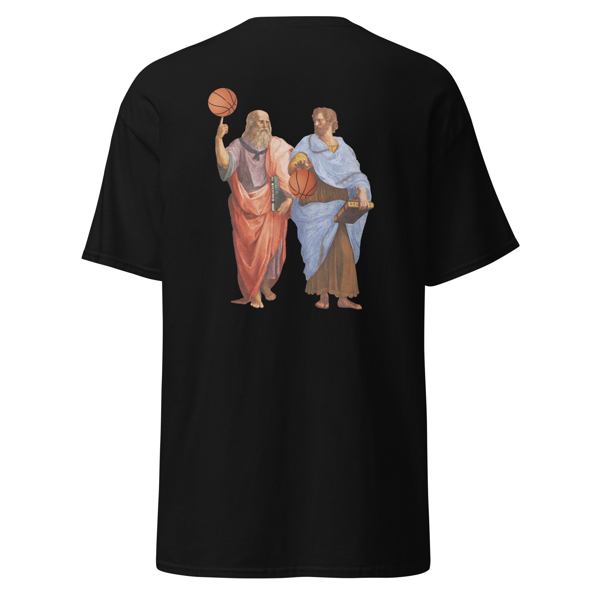 Aristotle and Plato with Basketballs - Back Print - Unisex Classic T-Shirt - The Philosopher's Shirt