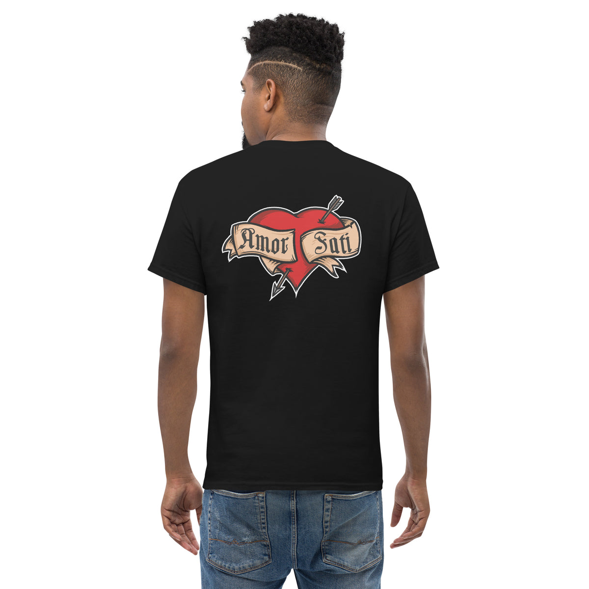 Nietzsche Fatalism Amor Fati Tattoo Heart - Back Print - Unisex Classic T-Shirt - The Philosopher's Shirt