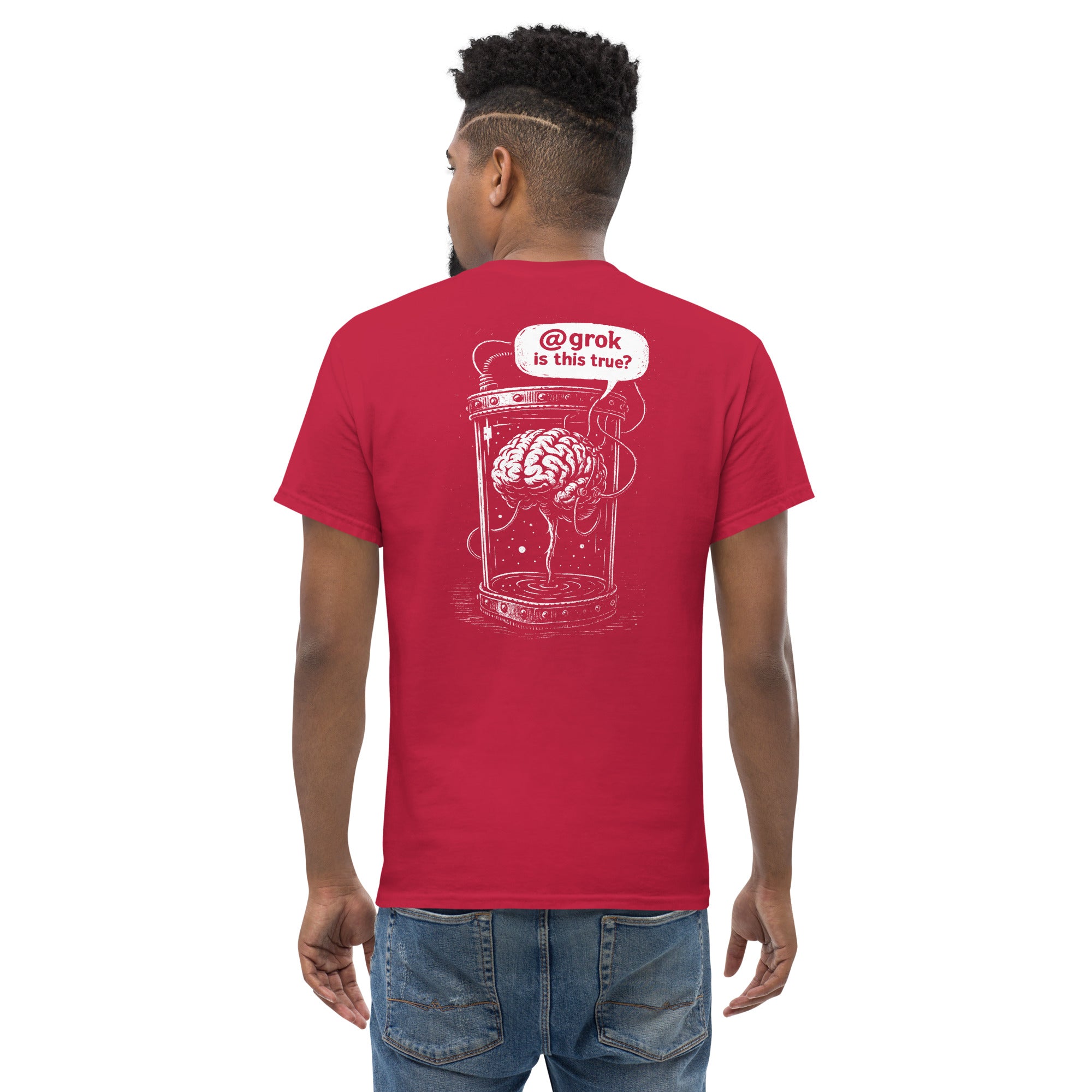 Brain in a vat asking AI - Back Print - Unisex Classic T-Shirt - The Philosopher's Shirt