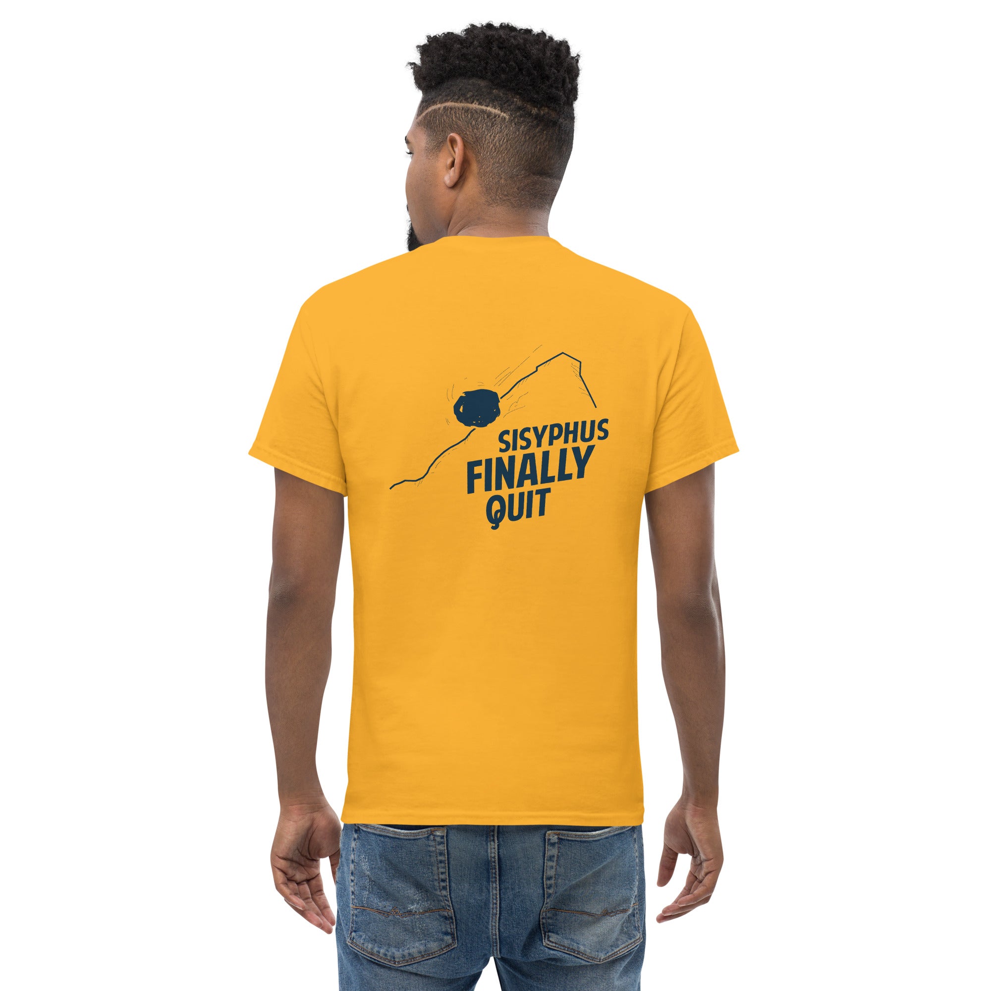 Camus - Sisyphus Finally Quit - Back Print - Unisex Classic T-Shirt - The Philosopher's Shirt