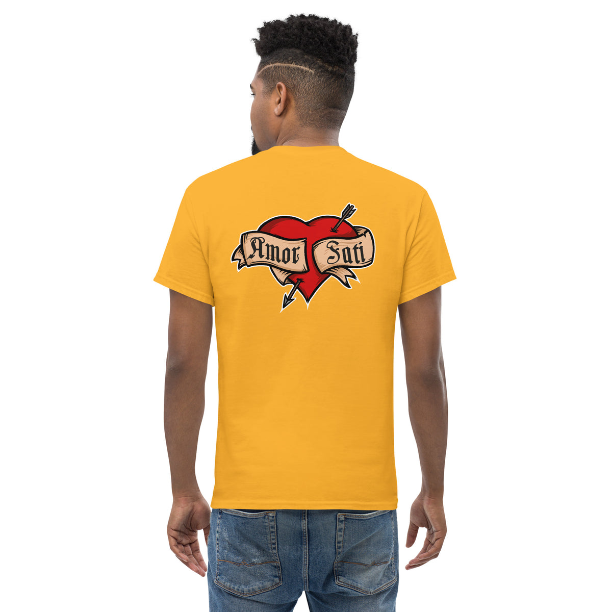 Nietzsche Fatalism Amor Fati Tattoo Heart - Back Print - Unisex Classic T-Shirt - The Philosopher's Shirt