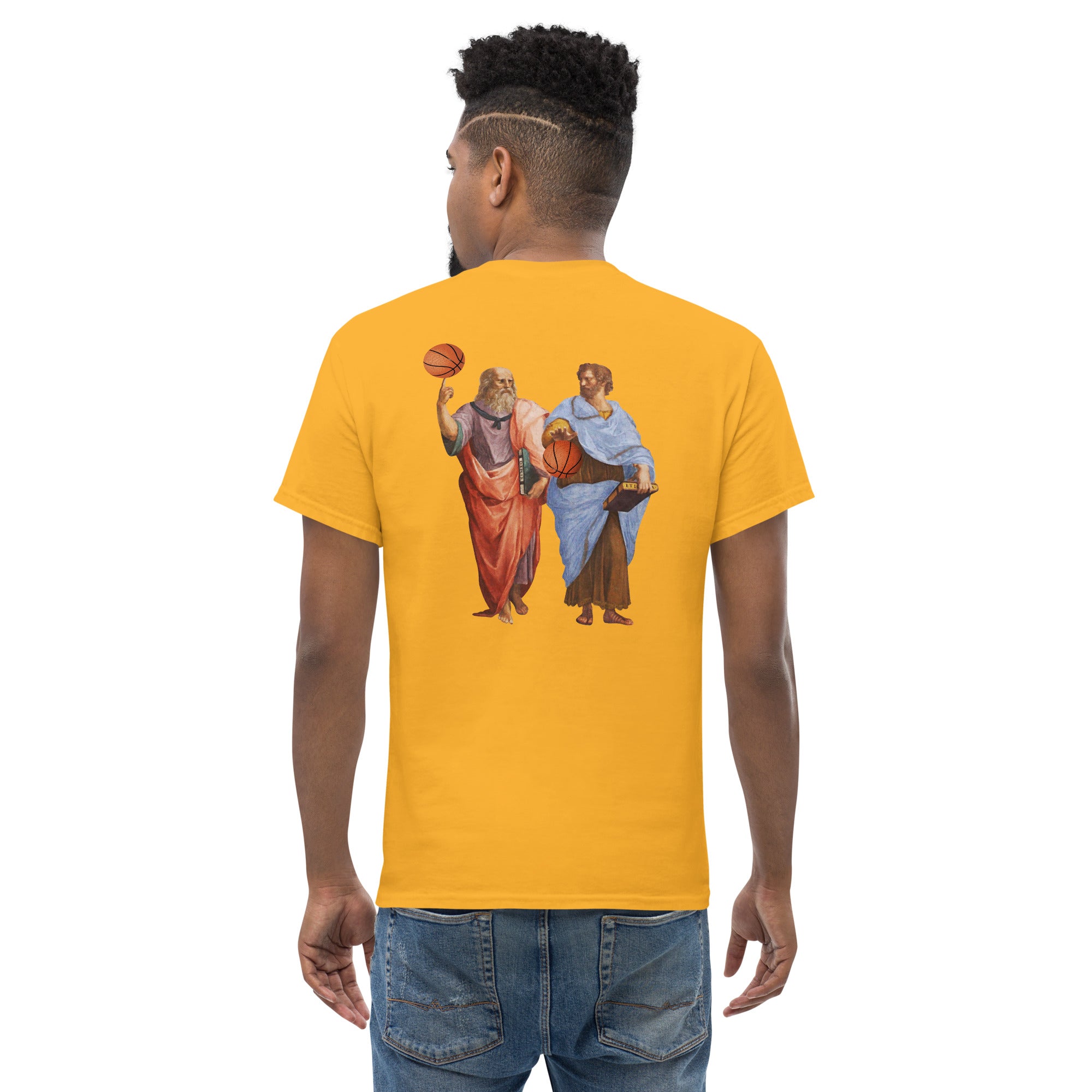 Aristotle and Plato with Basketballs - Back Print - Unisex Classic T-Shirt - The Philosopher's Shirt