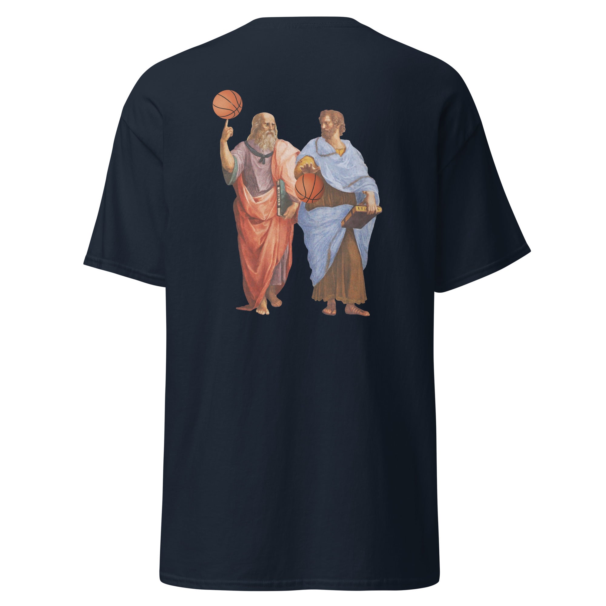 Aristotle and Plato with Basketballs - Back Print - Unisex Classic T-Shirt - The Philosopher's Shirt