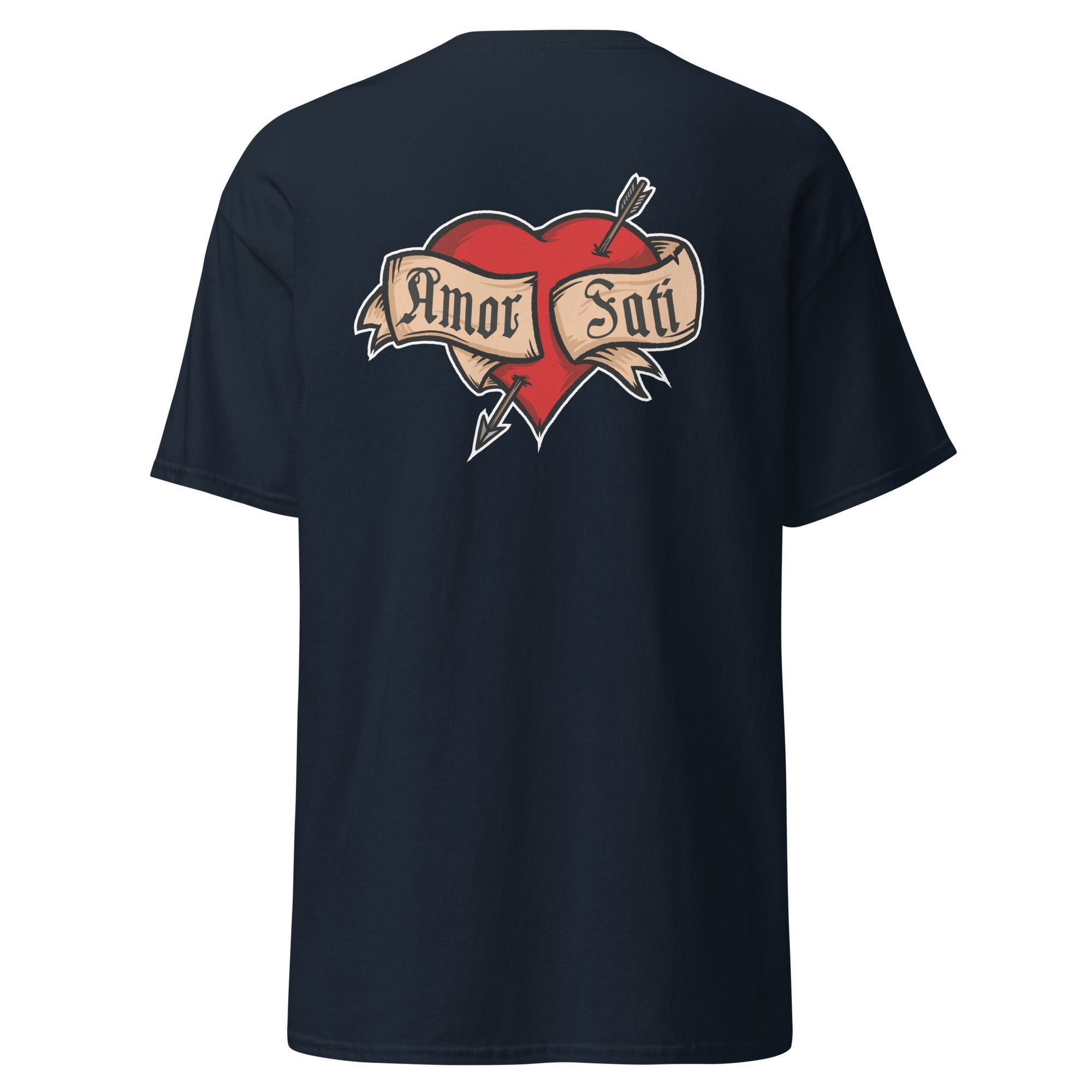 Nietzsche Fatalism Amor Fati Tattoo Heart - Back Print - Unisex Classic T-Shirt - The Philosopher's Shirt