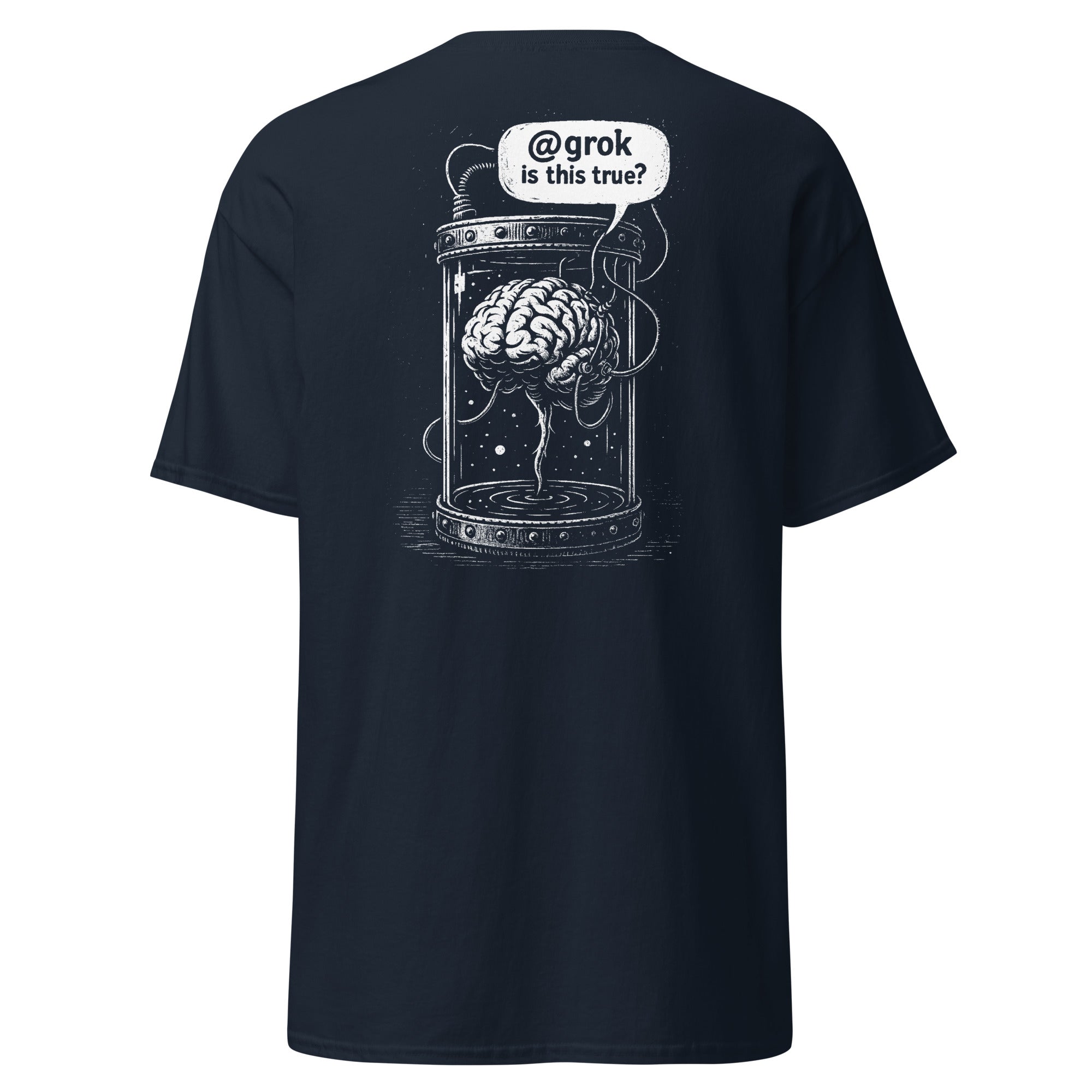 Brain in a vat asking AI - Back Print - Unisex Classic T-Shirt - The Philosopher's Shirt