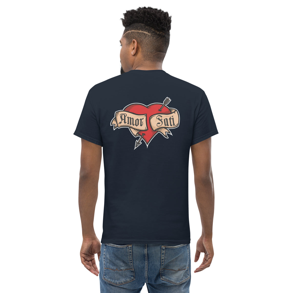 Nietzsche Fatalism Amor Fati Tattoo Heart - Back Print - Unisex Classic T-Shirt - The Philosopher's Shirt