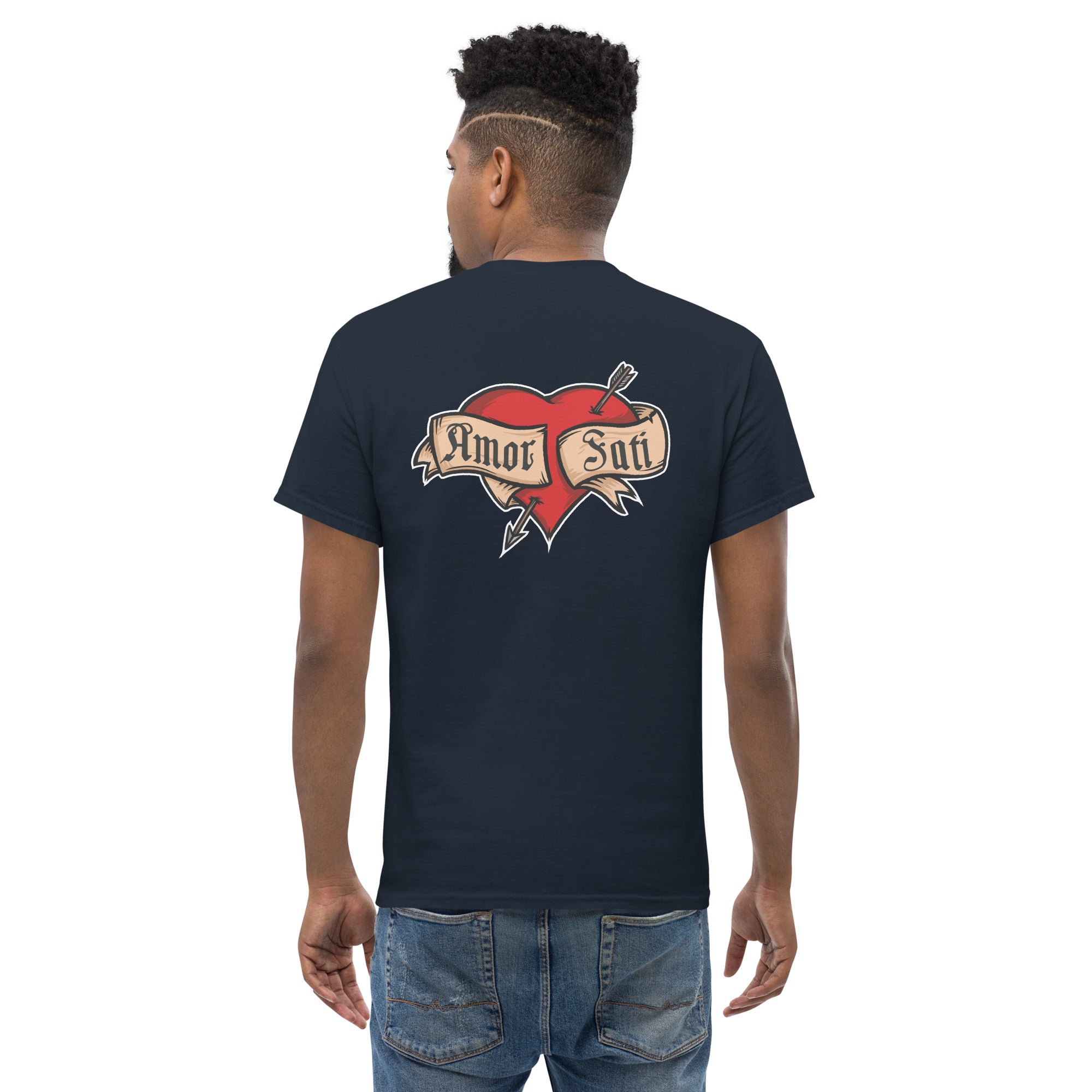 Nietzsche Fatalism Amor Fati Tattoo Heart - Back Print - Unisex Classic T-Shirt - The Philosopher's Shirt