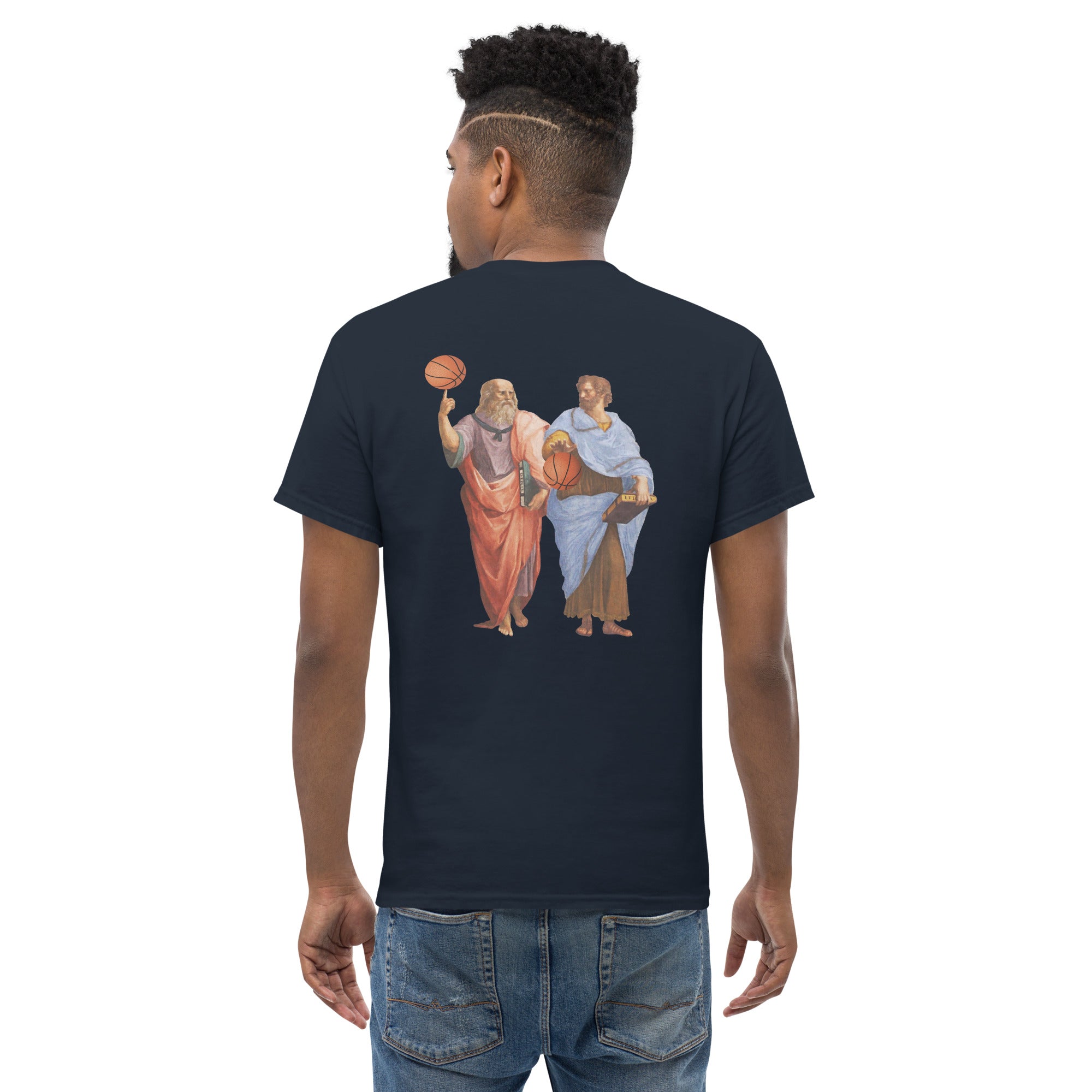 Aristotle and Plato with Basketballs - Back Print - Unisex Classic T-Shirt - The Philosopher's Shirt