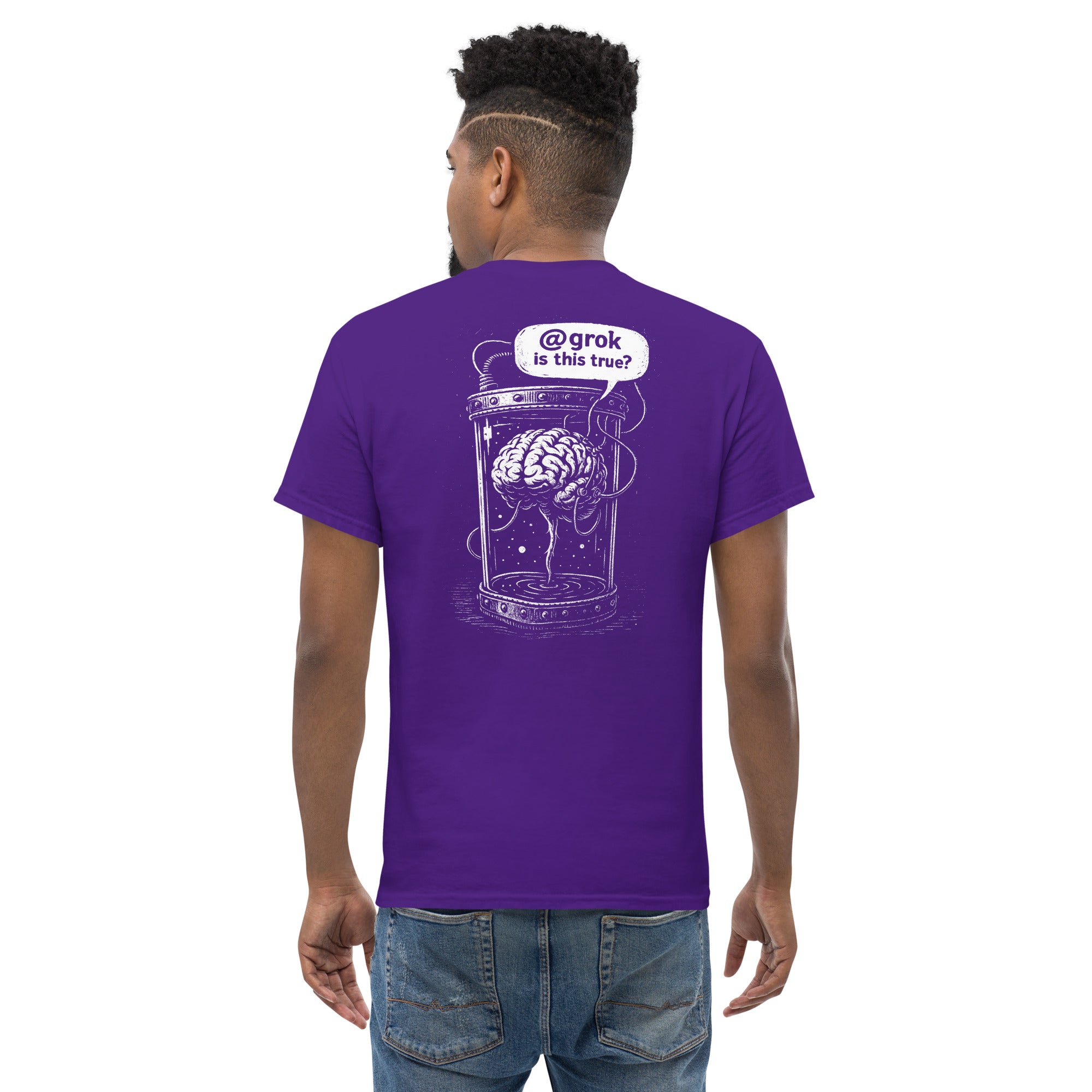 Brain in a vat asking AI - Back Print - Unisex Classic T-Shirt - The Philosopher's Shirt