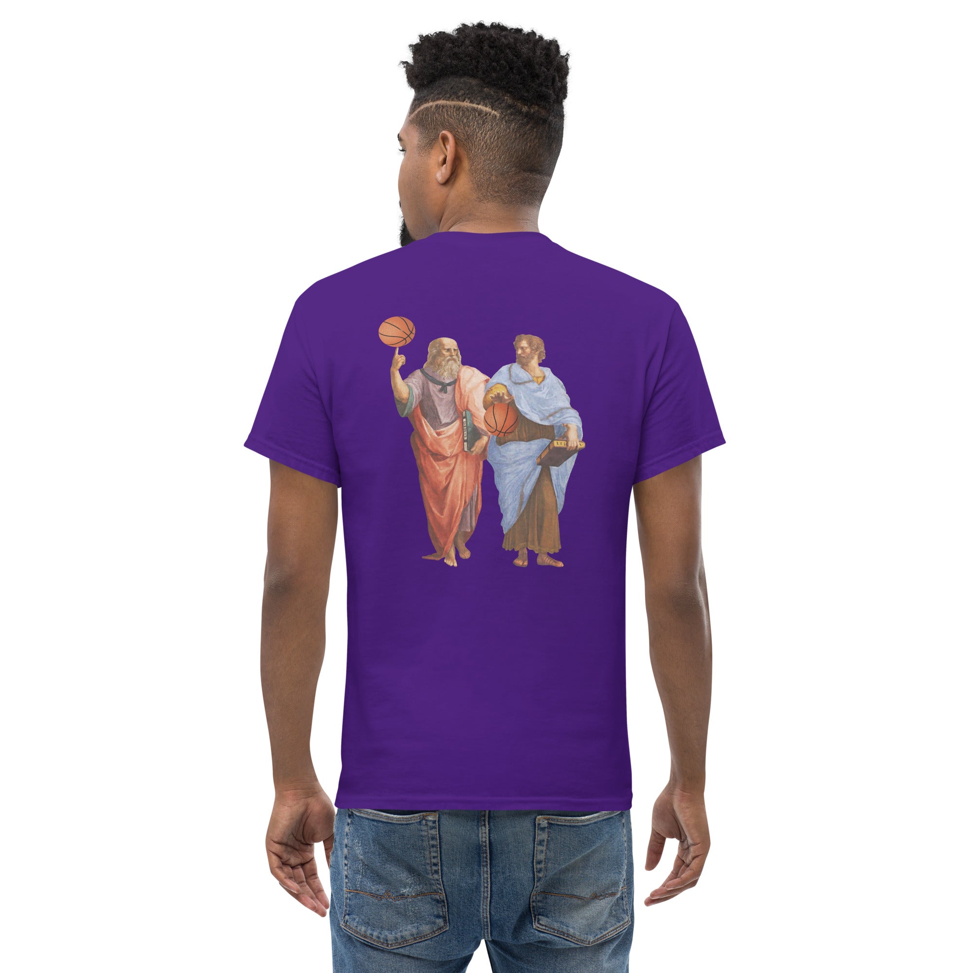Aristotle and Plato with Basketballs - Back Print - Unisex Classic T-Shirt - The Philosopher's Shirt