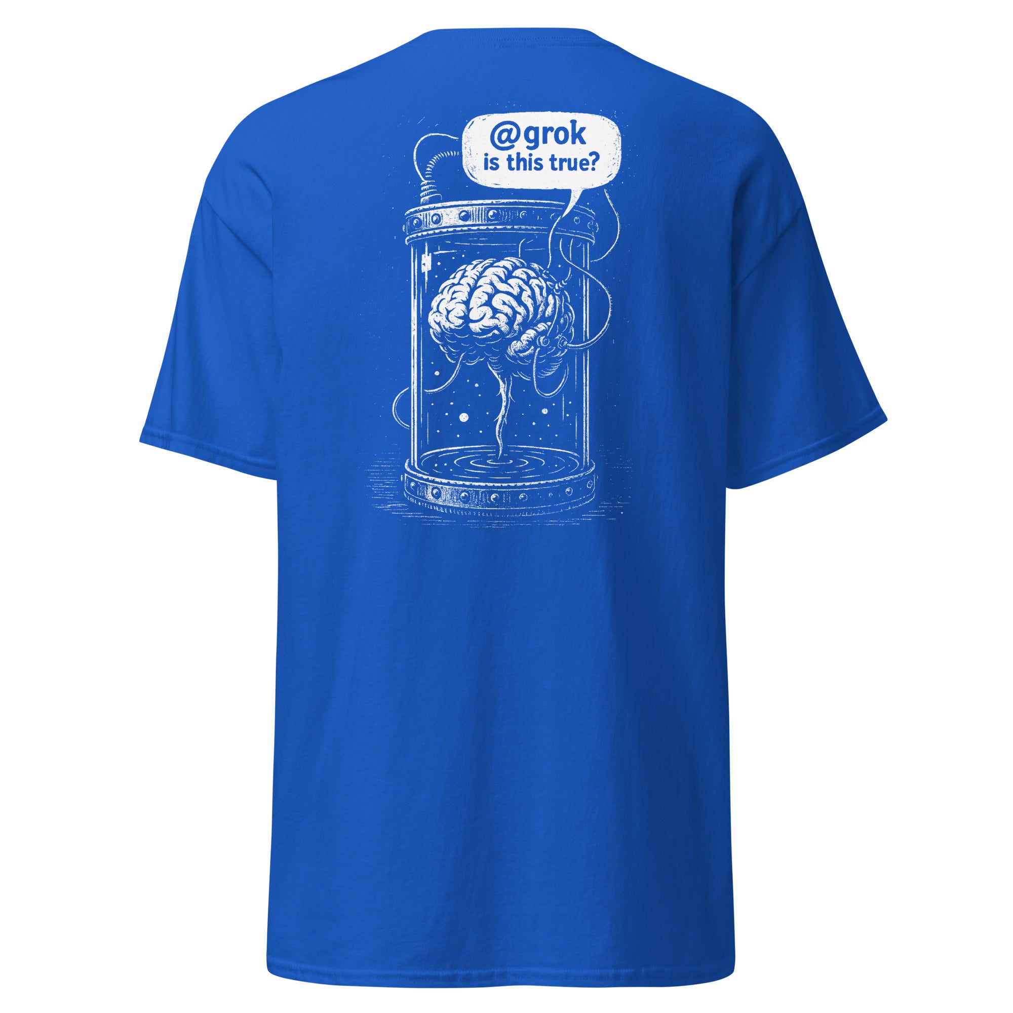 Brain in a vat asking AI - Back Print - Unisex Classic T-Shirt - The Philosopher's Shirt