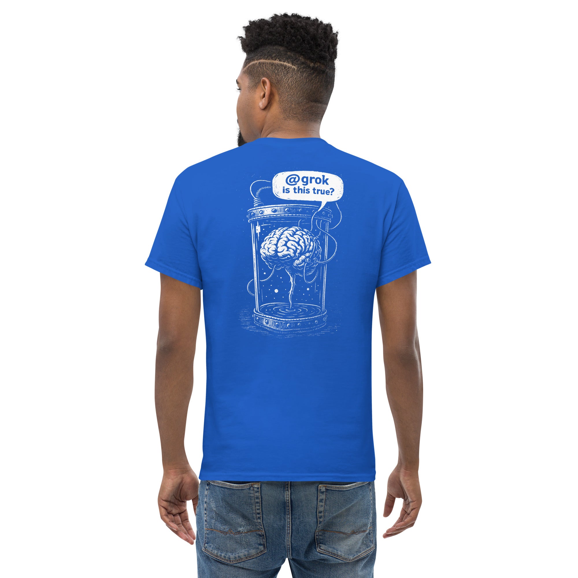 Brain in a vat asking AI - Back Print - Unisex Classic T-Shirt - The Philosopher's Shirt
