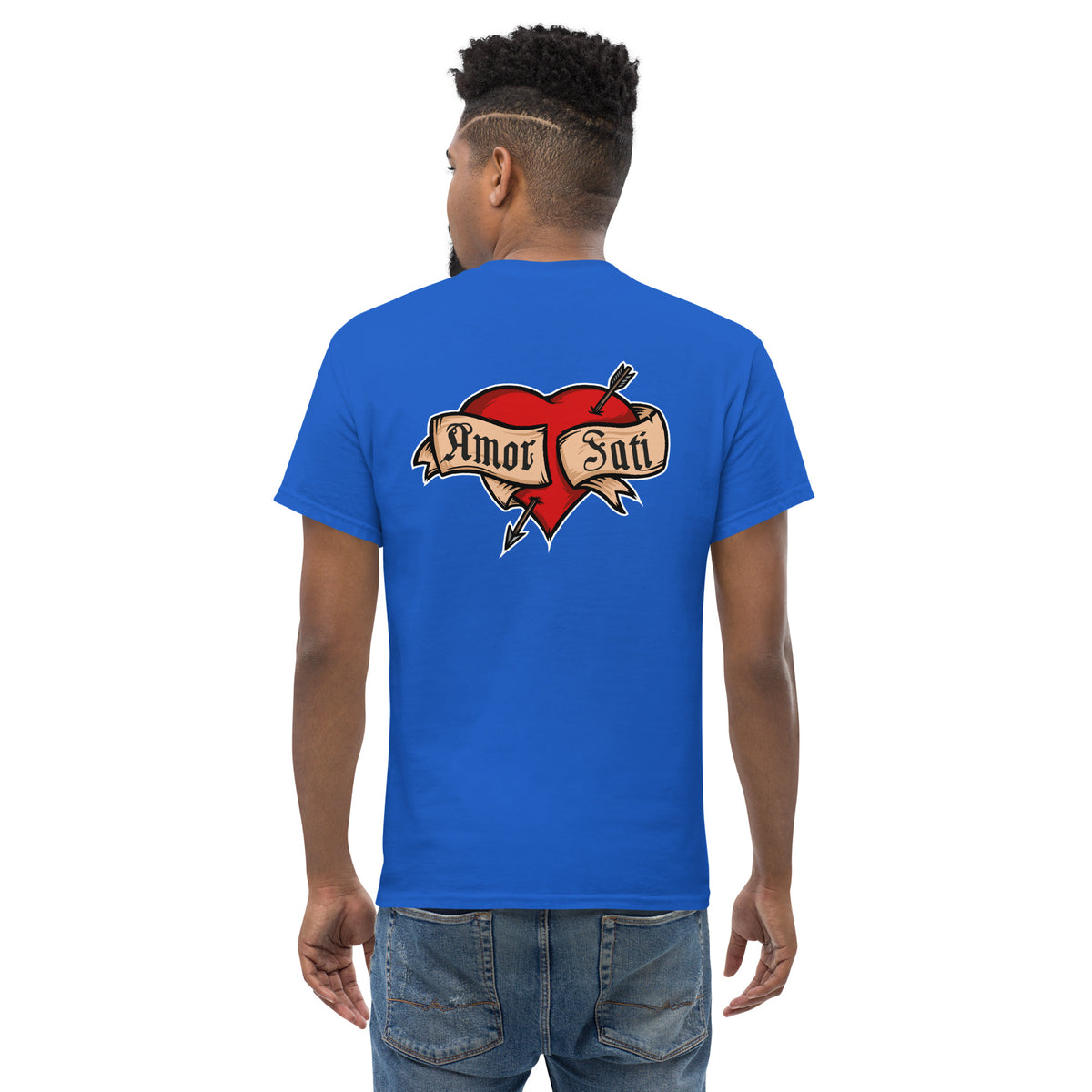 Nietzsche Fatalism Amor Fati Tattoo Heart - Back Print - Unisex Classic T-Shirt - The Philosopher's Shirt