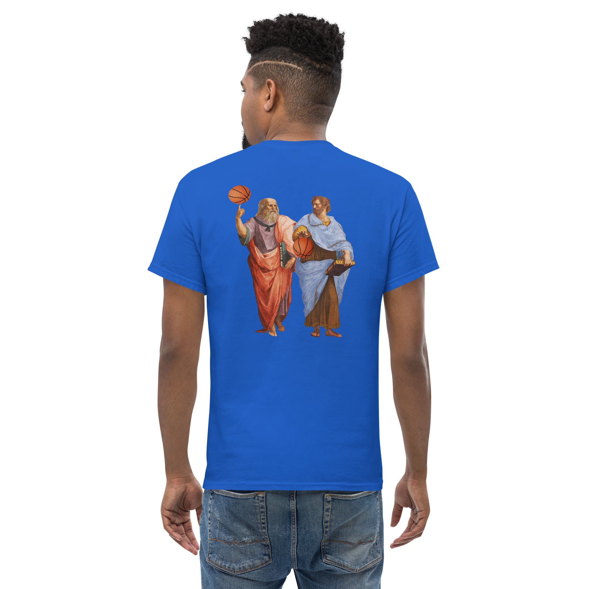 Aristotle and Plato with Basketballs - Back Print - Unisex Classic T-Shirt - The Philosopher's Shirt