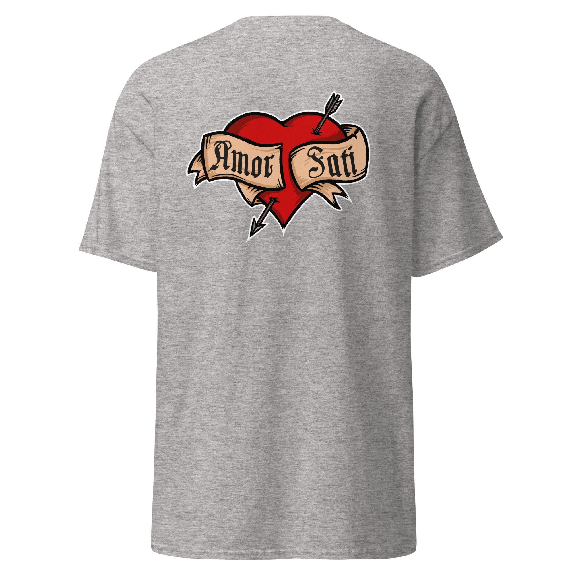 Nietzsche Fatalism Amor Fati Tattoo Heart - Back Print - Unisex Classic T-Shirt - The Philosopher's Shirt