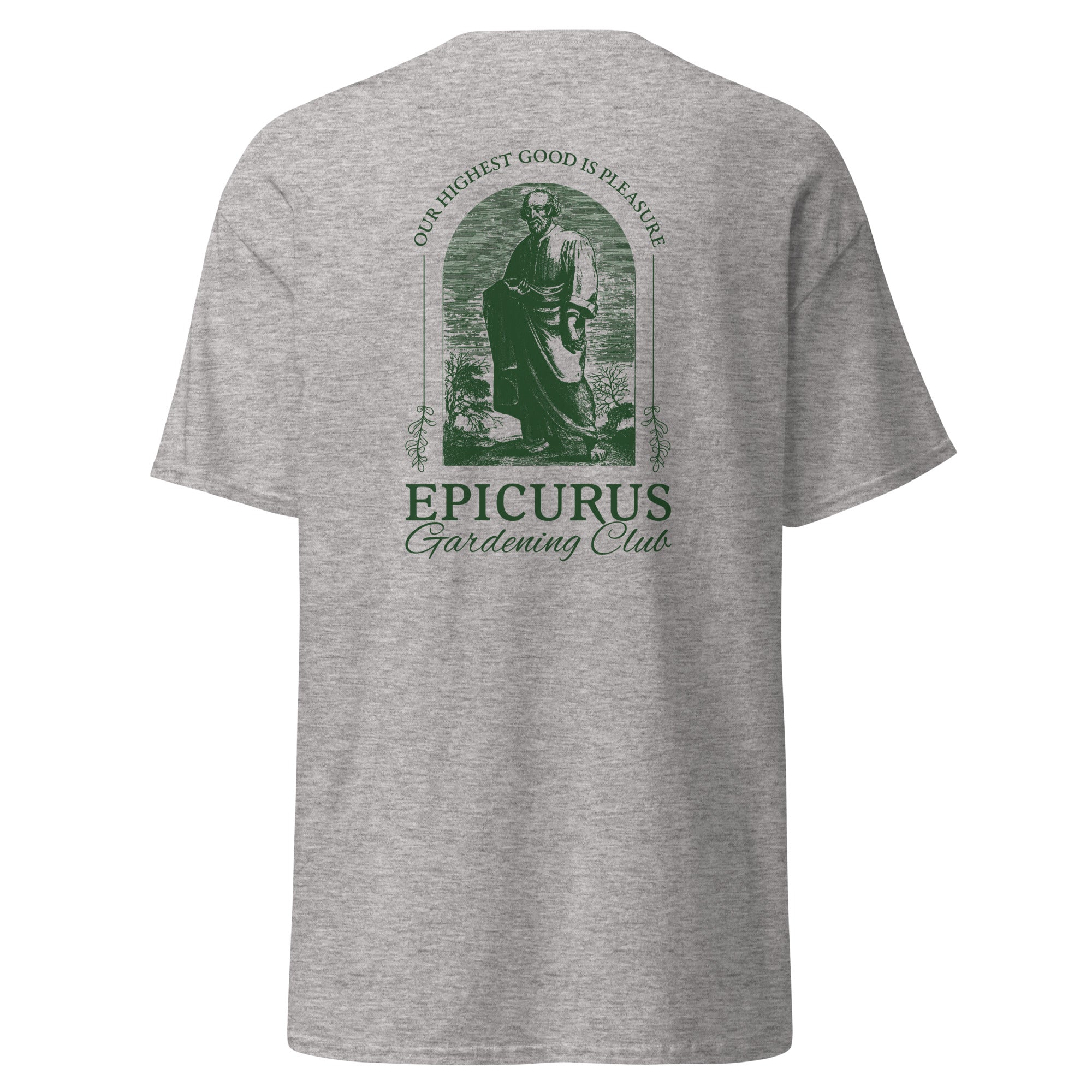 Epicurus Gardening Club - Back Print - Unisex Classic T-Shirt - The Philosopher's Shirt