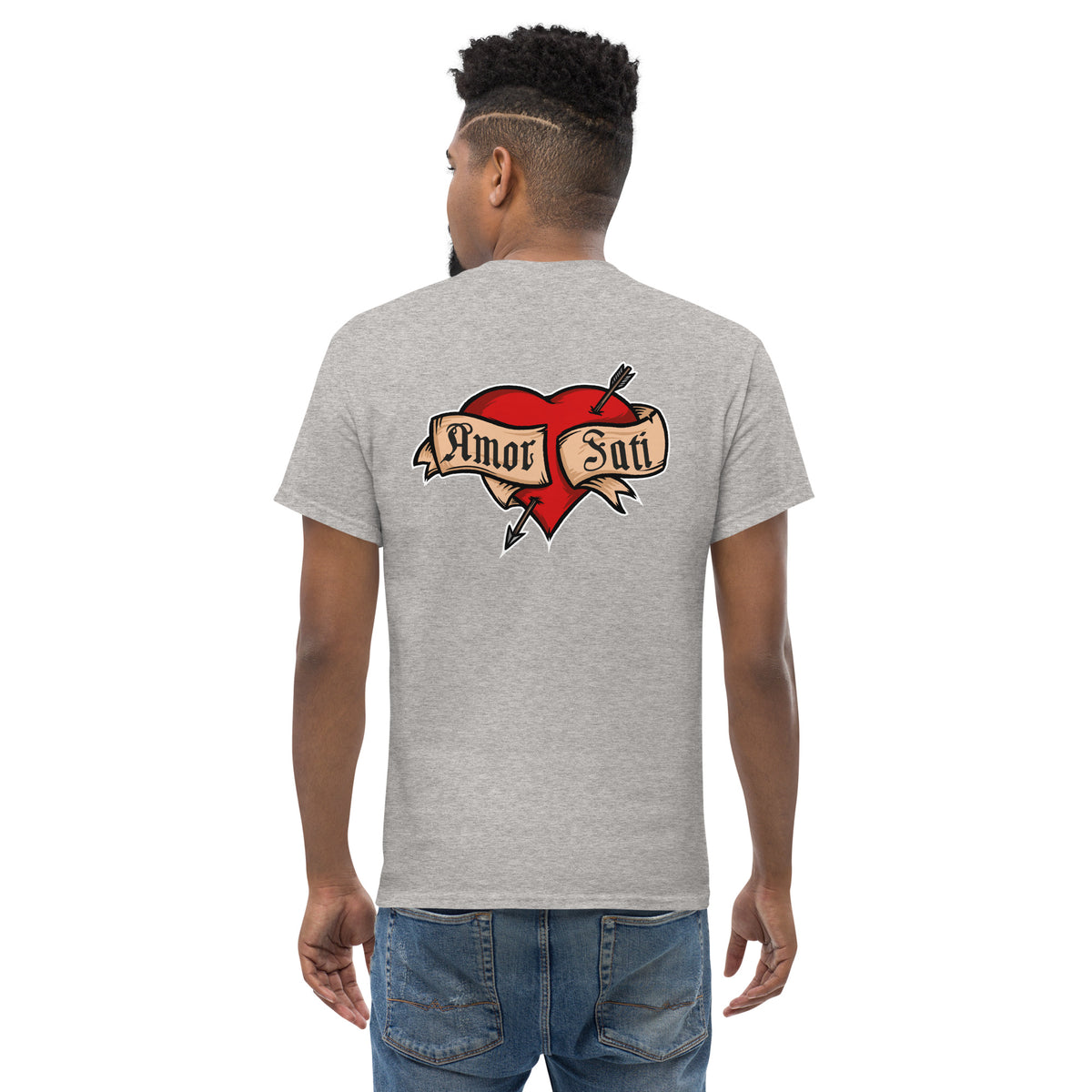 Nietzsche Fatalism Amor Fati Tattoo Heart - Back Print - Unisex Classic T-Shirt - The Philosopher's Shirt