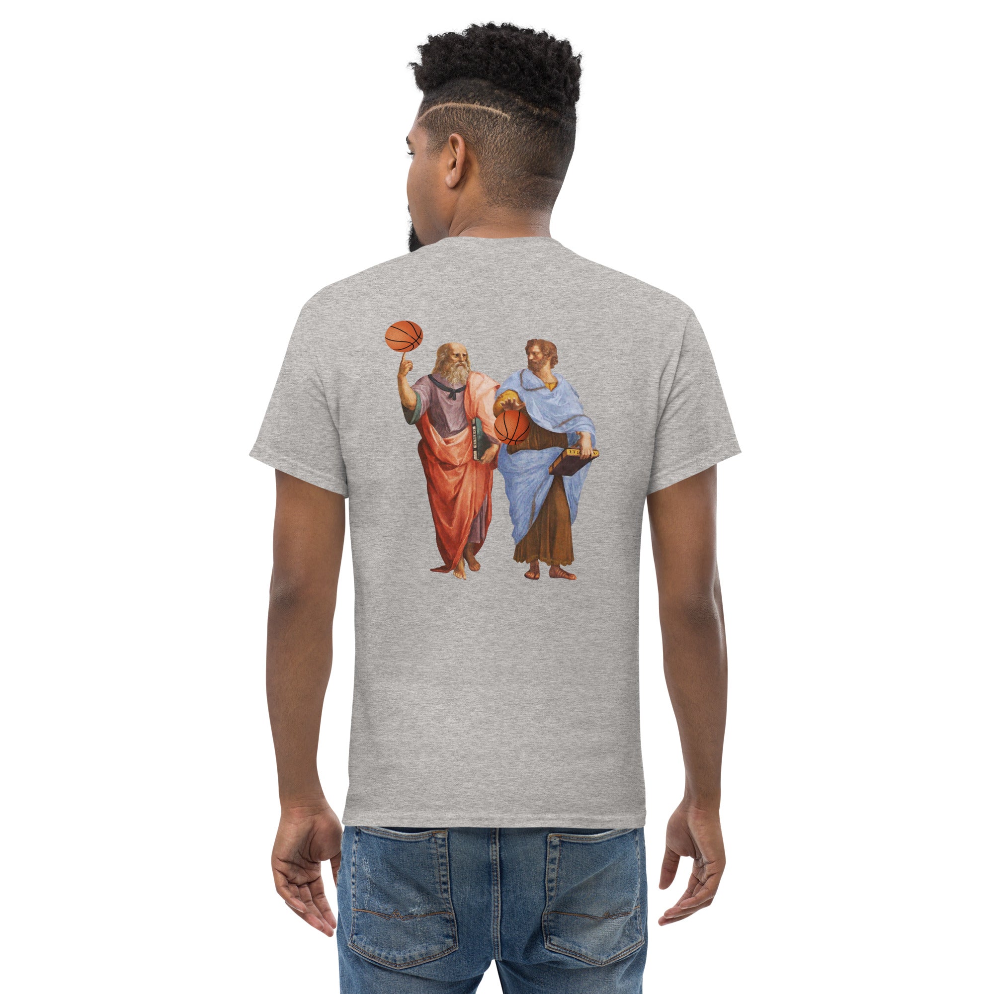 Aristotle and Plato with Basketballs - Back Print - Unisex Classic T-Shirt - The Philosopher's Shirt