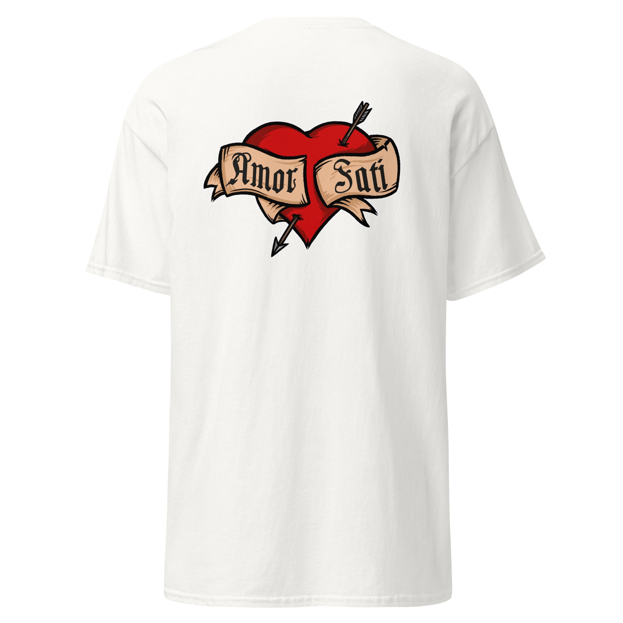 Nietzsche Fatalism Amor Fati Tattoo Heart - Back Print - Unisex Classic T-Shirt - The Philosopher's Shirt