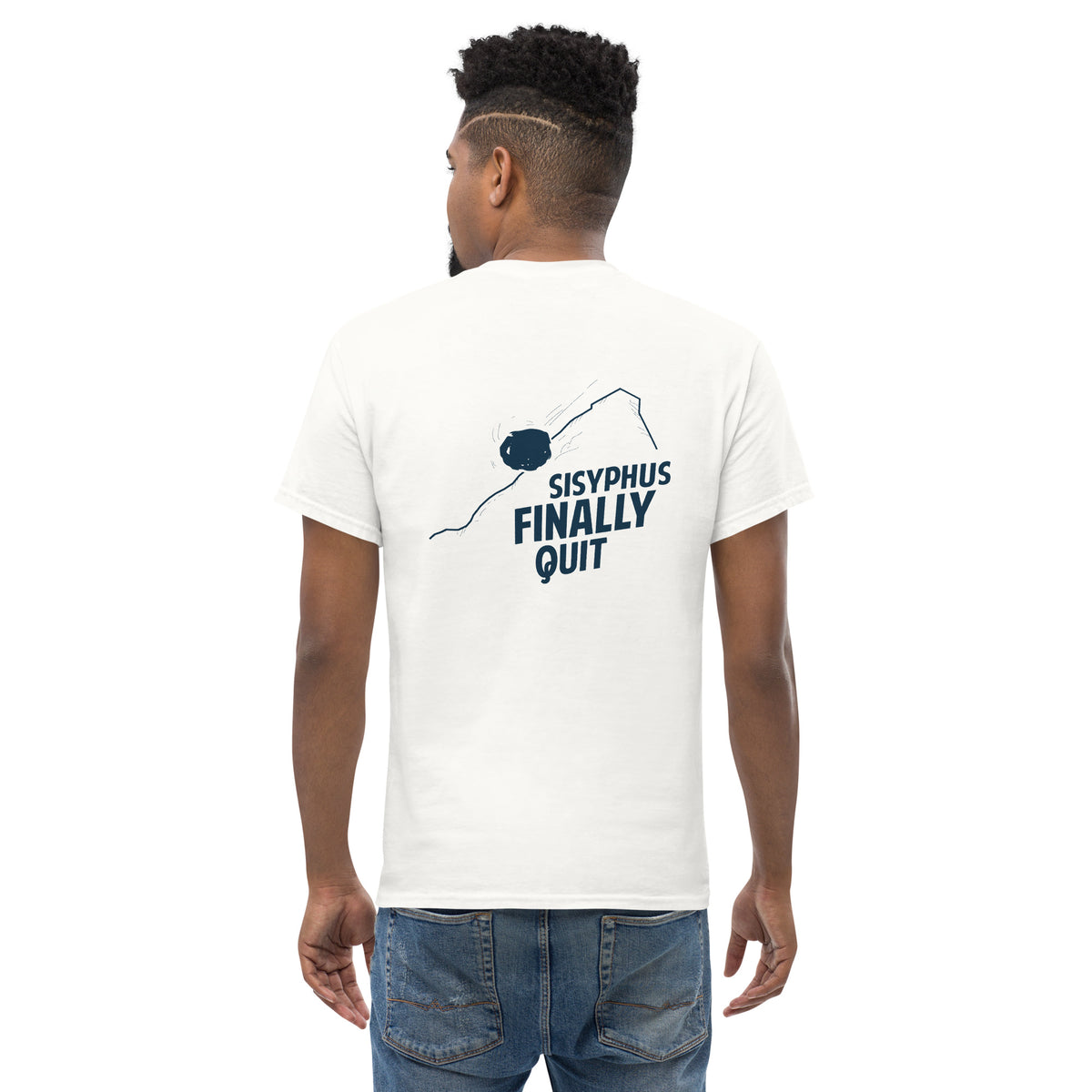 Camus - Sisyphus Finally Quit - Back Print - Unisex Classic T-Shirt - The Philosopher's Shirt