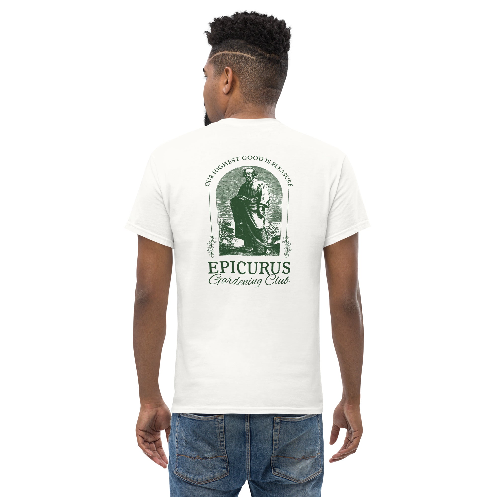 Epicurus Gardening Club - Back Print - Unisex Classic T-Shirt - The Philosopher's Shirt