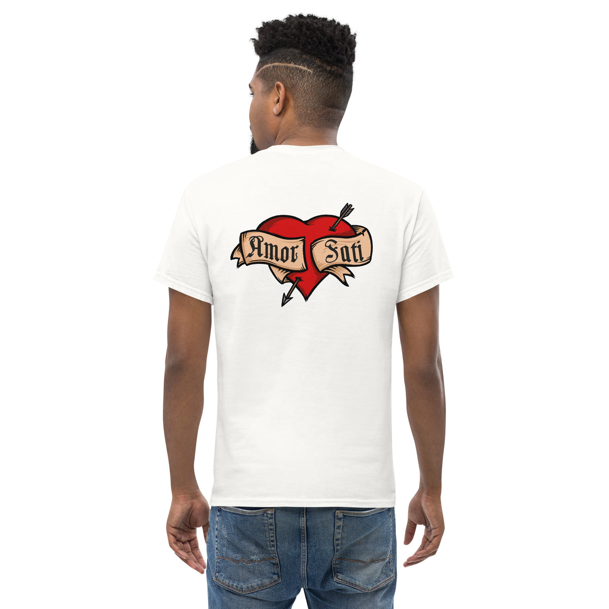 Nietzsche Fatalism Amor Fati Tattoo Heart - Back Print - Unisex Classic T-Shirt - The Philosopher's Shirt