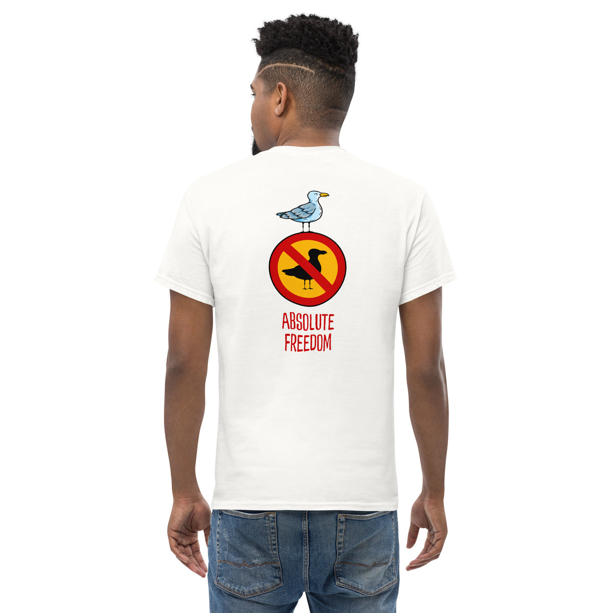 Sartre - Absolute Freedom Seagull - Back Print - Unisex Classic T-Shirt - The Philosopher's Shirt