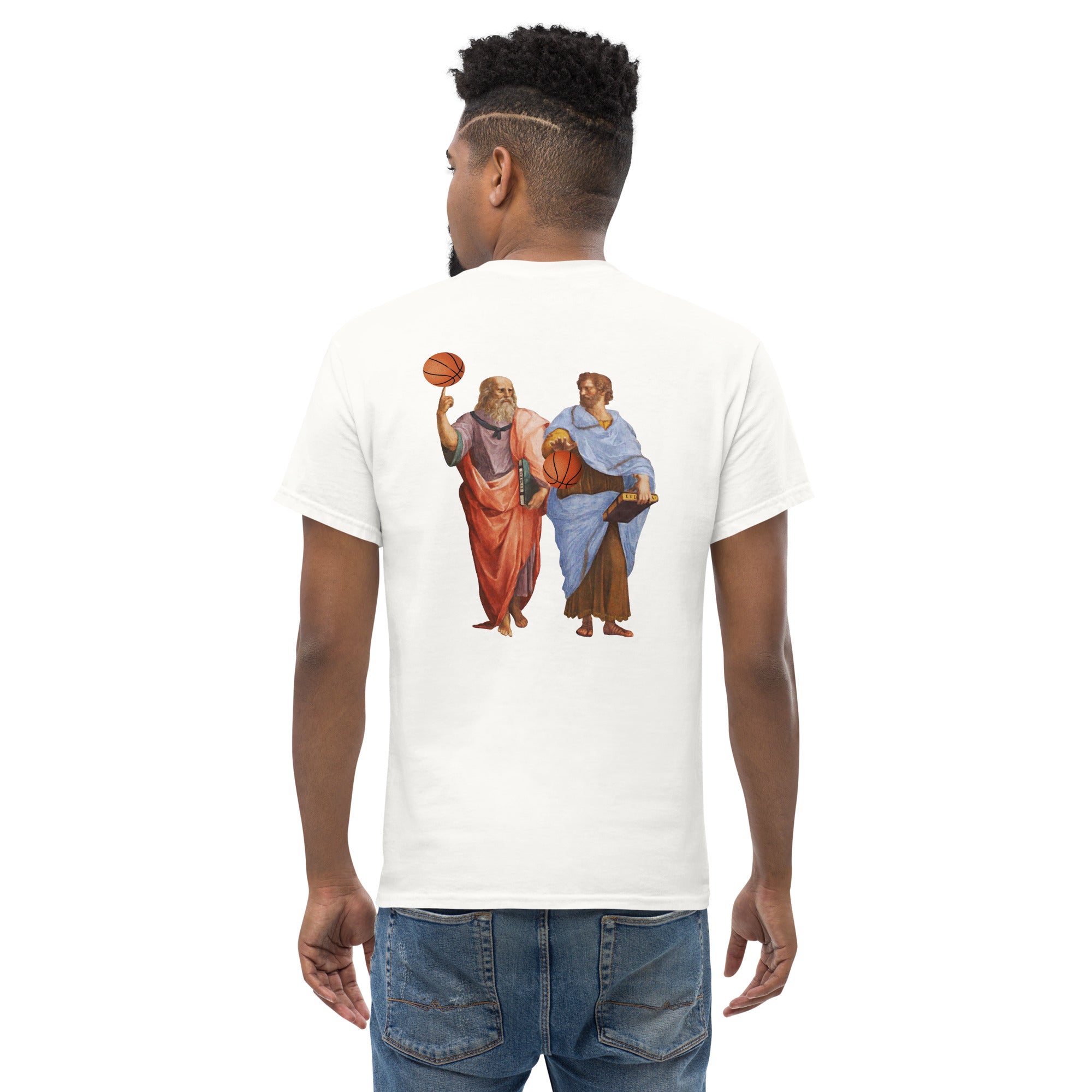 Aristotle and Plato with Basketballs - Back Print - Unisex Classic T-Shirt - The Philosopher's Shirt